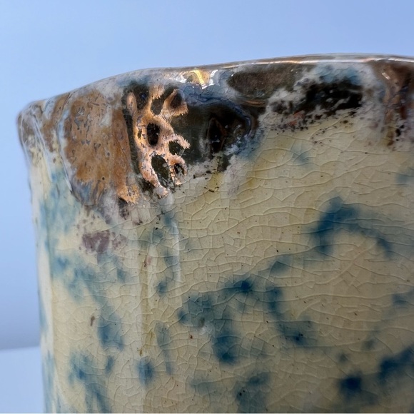 Vintage Small Blue Yellow Spongeware Stoneware Pitcher Vase Ceramic Piece - Picture 16 of 16